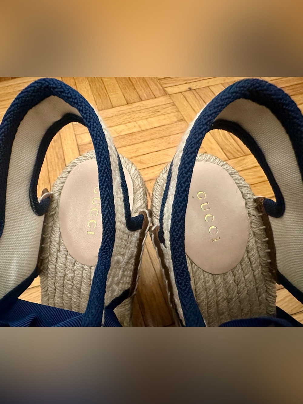 GUCCI GG logo canvas crocheted espadrilles wedges sandals blue cream jute 38 new - Picture 16 of 16